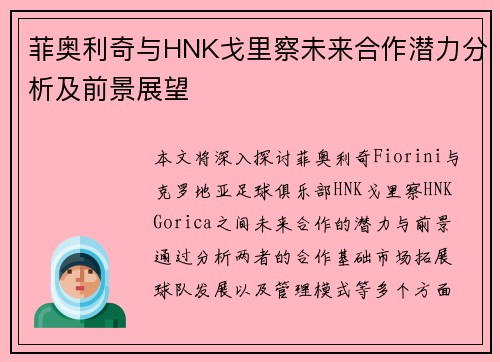 菲奥利奇与HNK戈里察未来合作潜力分析及前景展望